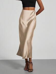 Se-Helo Fashion Women's Elastic Satin Finish Maxi Skirt - Light Brown - Light Brown - View 4