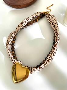 1pc Fashionable Polka Dot Scarf Style Natural Tiger's Eye Glass Beaded Stainless Steel Heart Pendant Necklace, Women Jewelry
