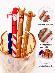 4 pezzi Nuovo set di penne gel natalizie, penne cancellabili con cappuccio a cartone animato, con impugnatura comoda e gomma incorporata, adatte per la scrittura e gli esami dei bambini