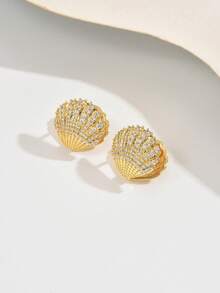 1 Pair Shiny Gold Shell Stud Earrings Inlaid With Sparkling Rhinestones, Vibrant And Elegant To Add A Romantic Touch To Your Look
