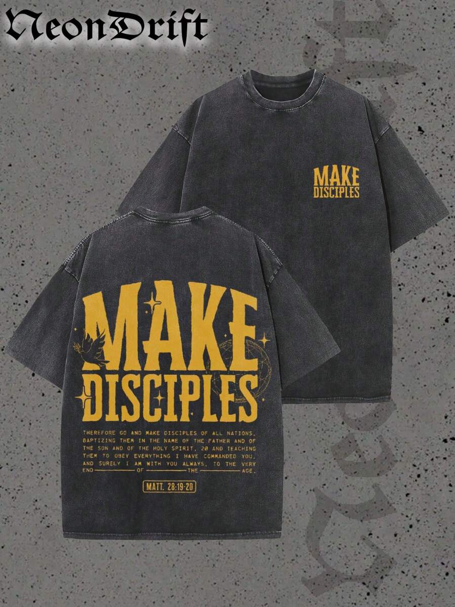 NeonDrift Double-Sided Printing Halloween, Christmas, Thanksgiving Gifts-Make Disciples Bible Verse T-Shirt - Bold Gold Print Christian Faith Statement Tee For Men, Vintage Washed Look, Streetwear Inspired Design, Perfect For Casual Wear And Religious Events, Faith Fashion Apparel - màu đen - Xem 1