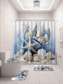 1/4 Stücke kreatives Korallen-Seestern-Muscheldesign Duschvorhang und Liner Set, Heimdekoration Vorhang, Badezimmer Duschvorleger, moderne Badezimmervorhänge, wasserdicht, Badezimmer Teppich, U-förmige Toilettenvorleger, Toilettendeckel, 12 Haken, geeignet für Heimdekoration, Feiertage, tägliche Dekoration, Weihnachtsdekoration, Badezimmerdekoration, Duschdekor, ideales Geschenk