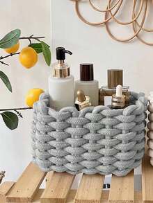 This Woven Cosmetic Storage Basket Comes In A Variety Of Colors, Made With Quality Materials And Exquisite Weaving Craftsmanship. The Large Capacity And Layered Design Make It Convenient For Categorized Storage, Suitable For Bathroom Toiletries, Bedroom Cosmetics, Travel Essentials, Beach Vacation Must-Haves, And More. It Is Easy To Clean, Moisture-Proof And Durable - Grey - View 5
