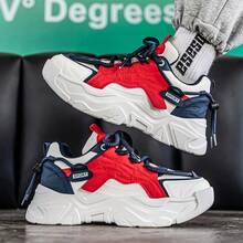 Zapatos deportivos casuales para hombres, zapatillas de moda con estilo de discoteca personalizado y suela gruesa, zapatos deportivos casuales, zapatos deportivos de moda versátiles, zapatos deportivos y de running con parches de bloque rojo, zapatillas de deporte de parche con cordones para otoño/invierno - Rojo - Ver 5