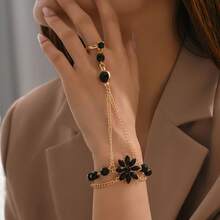 Fashion Flower Ring Integrated Bracelet Black Gemstone Lotus Interlocking Jewelry - 黑色 - 查看 2