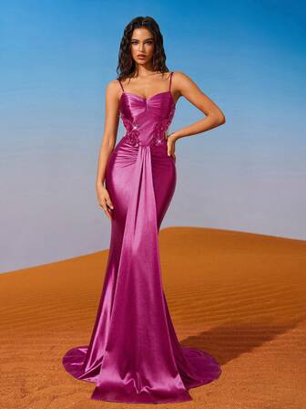 AOSHABABI Fuchsia Long Spaghetti Strap Formal Gown Dress, Side Cutout & Floral Embellishment Design, Mermaid Hem With Back Tie, Suitable For Formal Occasions, Music Festivals, Galas, Weddings, Parties, Graduations, Cocktail Events, Dates, Holidays, And Bridesmaid