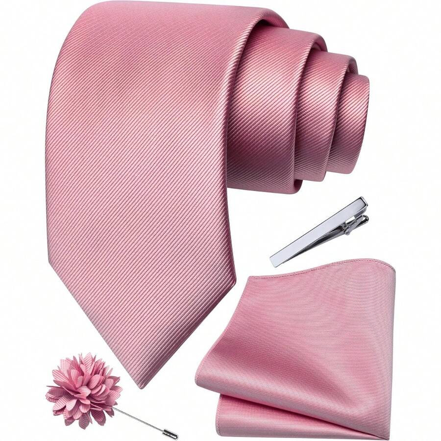 Solid Formal Tie And Pocket Square Plain Necktie Lapel Pin And Set For Men - C-dusty Rose - View 1