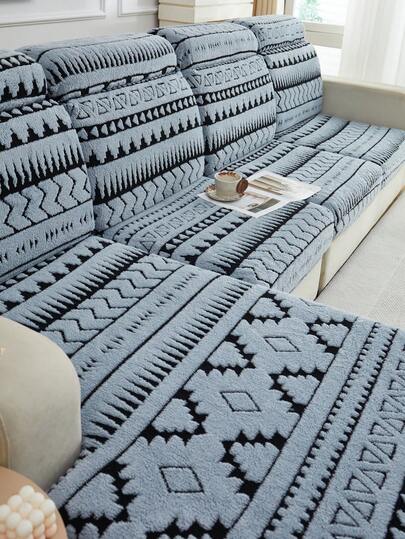 1pc Soft Plush Fabric Pet Proof Sofa Seat Cover, Bohemian Style, Multi-Shape, Multi-Color, Jacquard Plush Upholstery, Colorful Blue & Black, Thick Jacquard Plush Sofa Cushion Cover Suitable For Backrest/1/2/3/4/Chaise Lounge Sofa In Autumn/Winter