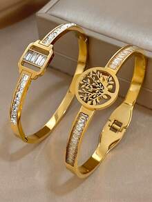 18K Gold Plated Stainless Steel Luxury Elegant Square & Tree Of Life Openwork Bangle Bracelet Set For Women, Mom Gift Christmas Thanksgiving Halloween Wedding Rave/Prom/Party/Daily Accessories Gift For Anniversary Valentine's Day Boho Jewelry Birthday Bridesmaid Gifts