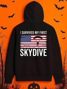 1pc Men'S Funny I Survived My First Skydive Graphic Hooded Sweatshirt - Black With American Flag & Parachute Design, Warm Pullover Hoodie For Winter, Casual Streetwear, Christmas Gift For Skydivin,Fall Hoodies,Men's Fall Clothes,Street Wear,Halloween,Mens Hoodies,Y2k Clothes,Jesus Hoodie,Thanksgiving Day,Nightmare Before Christmas,Christmas - 黑色 - 查看 1