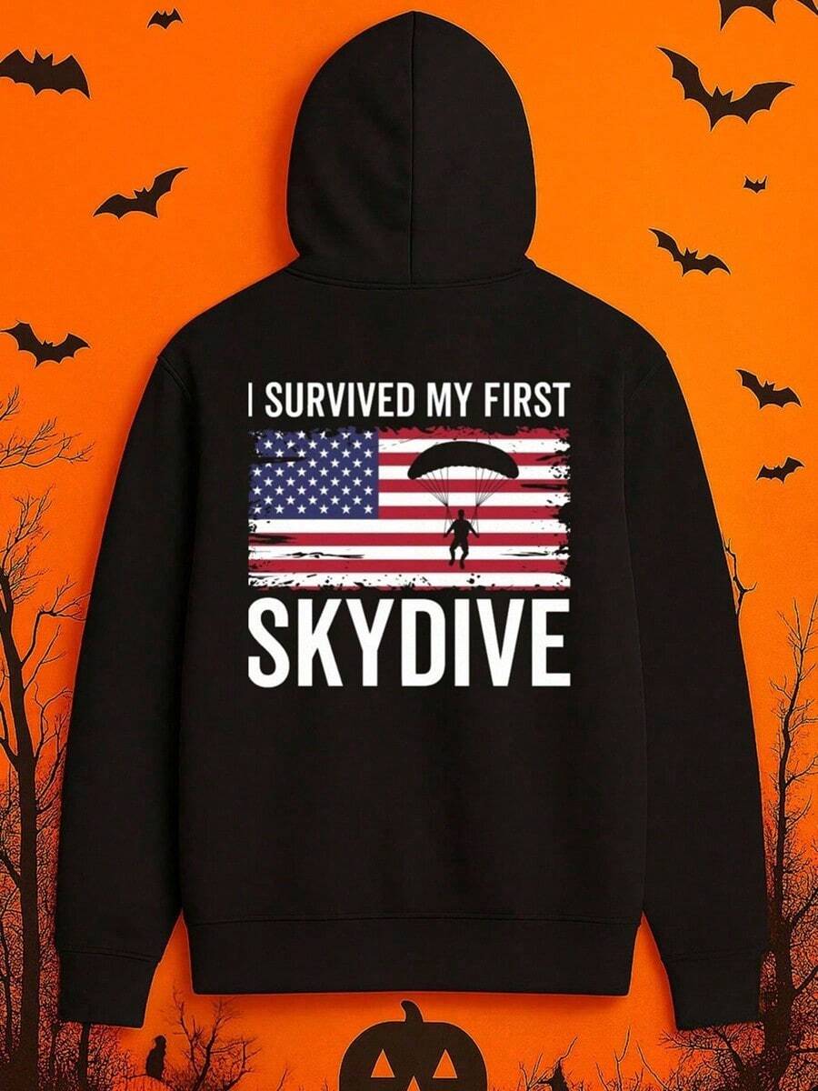 1pc Men'S Funny I Survived My First Skydive Graphic Hooded Sweatshirt - Black With American Flag & Parachute Design, Warm Pullover Hoodie For Winter, Casual Streetwear, Christmas Gift For Skydivin,Fall Hoodies,Men's Fall Clothes,Street Wear,Halloween,Mens Hoodies,Y2k Clothes,Jesus Hoodie,Thanksgiving Day,Nightmare Before Christmas,Christmas - 黑色 - 查看 1