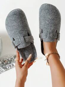 女士温暖毛绒一脚蹬拖鞋，秋冬休闲时尚百搭拖鞋 - 灰色 - 查看 4