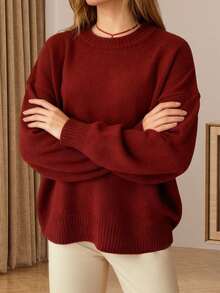 Women's Long Sleeve Sweaters Solid Color Crew Neck Loose Fit Pullover Knit Tops For Fall Winter - Burgundy - View 5