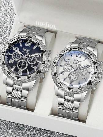 2 件套休闲优雅手表套装，男士休闲 3 表盘钢表带手表，时尚合金手表