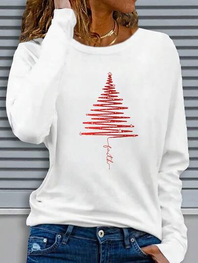 Women's Casual Long Sleeve Round Neck Pattern Printed T-Shirt - Red Christmas Tree Design, Comfortable Fabric, Machine Washable, Suitable For Autumn And Winter Festive Seasons, Family Christmas Shirt 2025