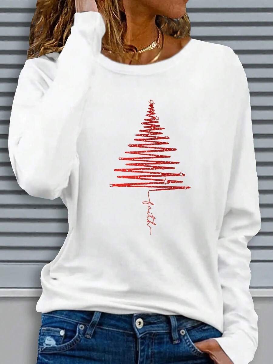 Women's Casual Long Sleeve Round Neck Pattern Printed T-Shirt - Red Christmas Tree Design, Comfortable Fabric, Machine Washable, Suitable For Autumn And Winter Festive Seasons, Family Christmas Shirt 2025