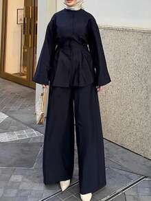 Casual Commuter Solid Color Elegant Waist Shirt & Pants Set Black Spring - Black - View 5