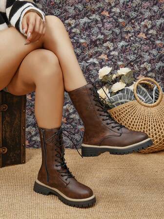 女靴，黑色靴子，棕色靴子，女式战斗靴，圆头厚底踝靴，前绑带侧拉链设计，半靴，春秋女靴