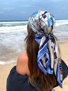1pc Women's Spring/Summer Fashion Blue Sailboat Printed Silk Scarf, Versatile Headband, Hairband, And Bandana, Stylish Neck Wrap, Ideal For Dressing Up Your Look, Casual Or Chic Outfits, Perfect Accessory For Daily Wear And Vacation - 杏色 - 查看 2