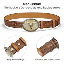 Men's Western Cowboy Belt With Adjustable Longhorn Buckle - Nk1814g+ds052-1zm-nâu - Xem 3
