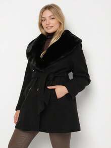 Elegant Double-Breasted Coat With Fur Collar And Belt - Black - View 4