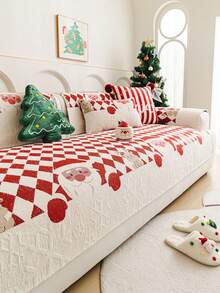 1pc Christmas Style Red & White Checkered Chenille Throw Pillow Cover, Santa Claus Pattern Design, Christmas Decor, Room Decor, Home Decor, Non-Slip, Pet Friendly, All Season, Suitable For Bedroom, Living Room, Office, Home Sofa Decoration - Multicolor - View 5