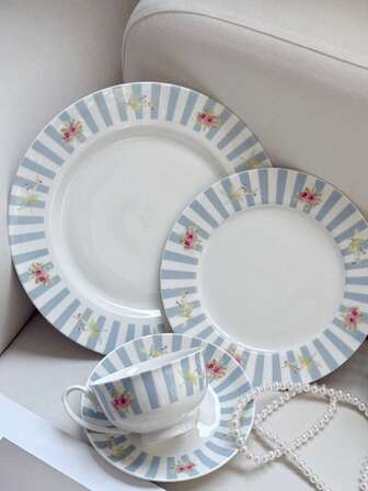 1 件蓝色花卉杯碟，复古陶瓷盘，条纹小吃盘（杯碟可拆卸），盘子可用于盛放菜肴/蛋糕/意大利面，高端咖啡厅用品，酒店和民宿装饰