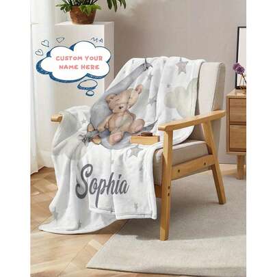 1pc Soft Flannel Personalized Teddy Bear & Moon Pattern Blanket, Customizable Name, Suitable For Bedroom, Living Room - Modern Style, Soft & Warm Flannel, Multipurpose, Can Be Used On Sofa, Bed, Travel, Camping, Office - Easy Care, Great For Napping, Camping And Travel, Washable, Cute Customized, Unique, Personalized, Ideal Gift For Family, Friends, Son, Daughter, Loved Ones, Suitable For Sofa, Bed, Car, Tea Room, Bedroom, Living Room,Sofa Bed