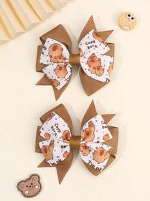 2pcs Capybara Print Hair Bows For Girls Cute Capybara Bow Hair Clips Brown Grosgrain Ribbon Bow Hairpins Holiday Birthday Party Headpiece Baby Hair Accessories