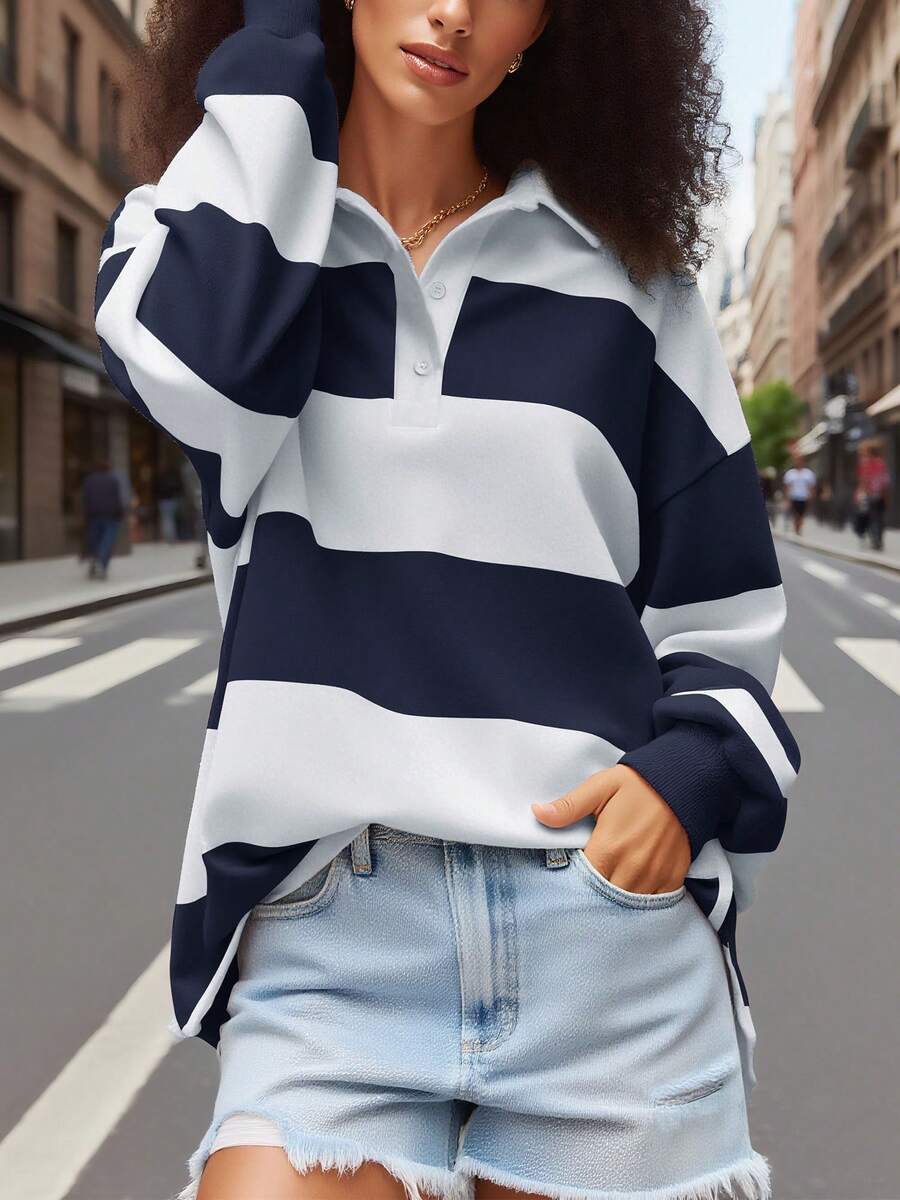 Y2k Women Striped Rugby Polo Shirt Long Sleeve Collared Oversized Vneck Sweatshirt Vintage Jersey Girls Streetwear - 深色水洗藍 - 查看 1