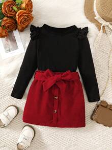 Conjunto de 3 piezas para niñas de 4 a 7 años: Blusa de manga larga con volantes negra, falda de pana de princesa con cinturón, conjunto de moda para uso diario, escuela, fiesta y otras ocasiones - Rojo - Ver 2