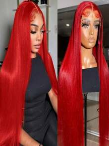 Gorgeous Red 13x4 HD Transparent Lace Front Wigs Human Hair For Women 200 Density Straight Glueless Wigs Human Hair Pre Plucked With Baby Hair Brazilian Virgin Red Colored Silky Straight Lace Frontal Wig Human Hair - 紅色 - 查看 7