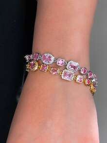 1pc Adjustable Size Sparkling Square & Round Pink Cubic Zirconia Chunky Luxury Chain Bracelet For Women, Daily, Party, Holiday Jewelry Gift