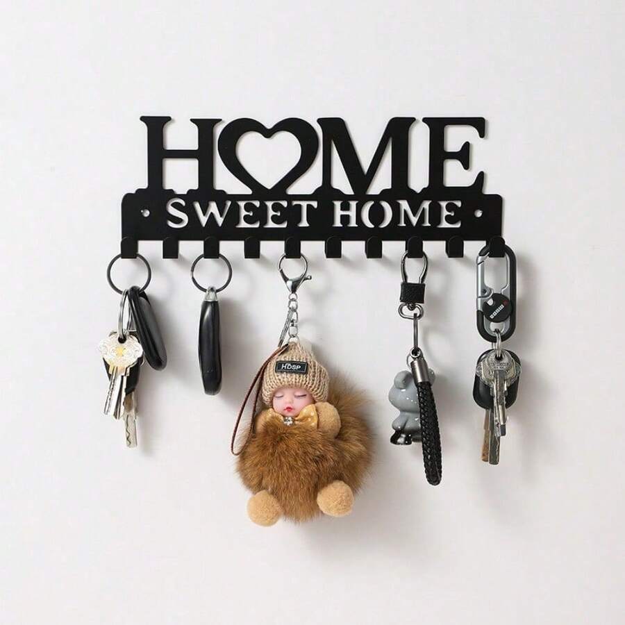 1pc Black Key Holder Wall Mounted Storage Rack, Metal Art Decorative Hook For Coats, Hats, Entrance Hallway - 黑色 - 查看 1