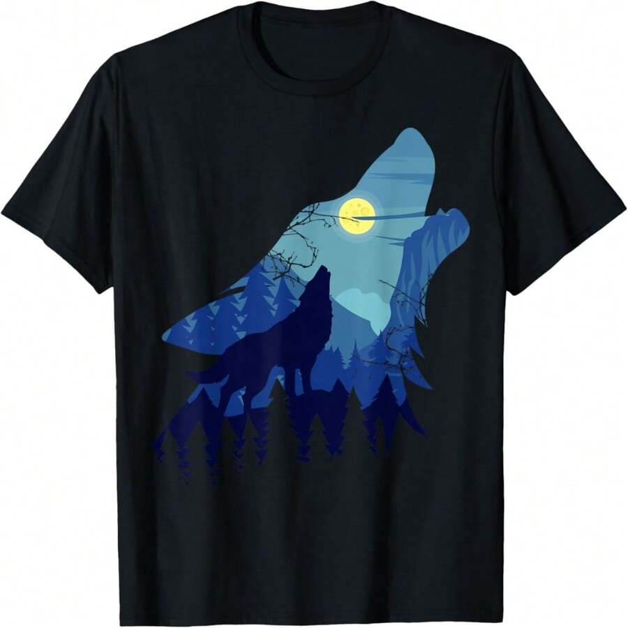 Animal Lover In The Nature With Silhouette Of Wolf T-Shirt - 黑14 - 查看 1