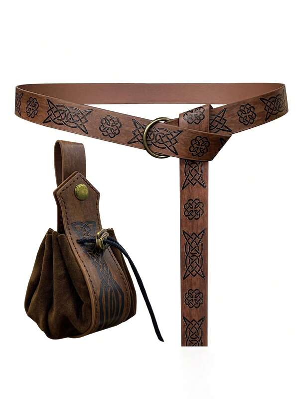 2pcs/Set Vintage Viking Style Waist Belt, Leather Pouch, Leather Wristband, Sword Sheath, Retro Pouch Bag, Suitable For Men Party, Halloween Old Money Vintage Autumn/Fall Urban Outfit Denim Classic Christmas Winter Fashion Daily Men Boyfriend Gift