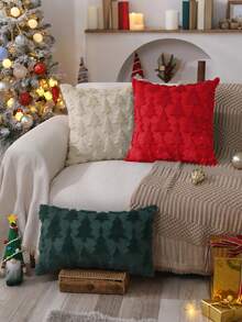 Funda de cojín con diseño de árbol de Navidad, cojín decorativo navideño de 18x18 pulgadas, decoración navideña, cojín de felpa suave roja y jacquard de piel sintética, adecuado para dormitorio, sofá, celebraciones navideñas y decoración del hogar en invierno X PTK009B18