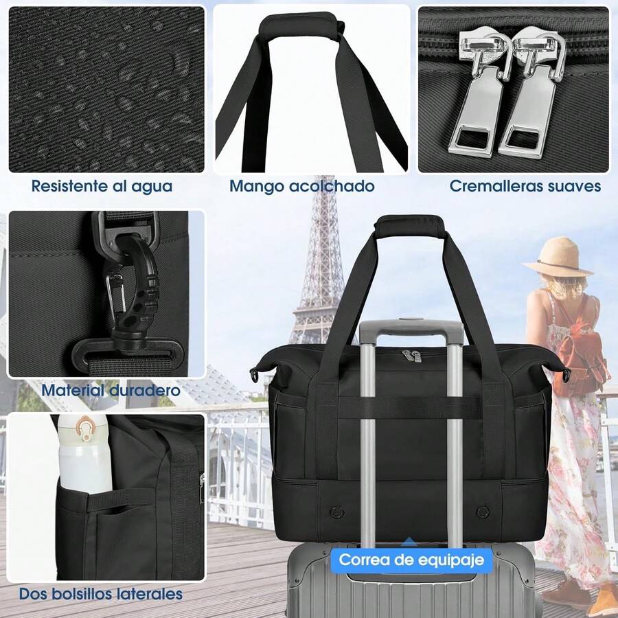IGOLUMON Bolsa de Viaje para Mujer Hombre Bolsa Deportiva Expandiblede 2 Piezas Maleta de Mano con Compartimento para Zapatos y Bolsillo Impermeable - Negro - Ver 1