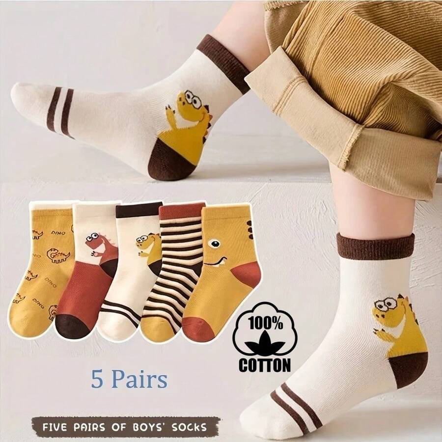 5双装儿童纯棉卡通恐龙可爱袜子,保暖中筒袜,时尚撞色中筒袜,儿童袜子,秋冬季 - 彩色 - 查看 1
