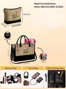 1 Set, Teacher Pattern Handbag With Shoulder Strap And Cosmetic Bag, Teacher'S Day Gift, Personalized Gift Bag With Side Pockets, Beach Bag, Teacher Letter Print Travel Simple Storage Bag, Travel Cosmetic Bag- Four Styles To Choose From (Zipper Random)