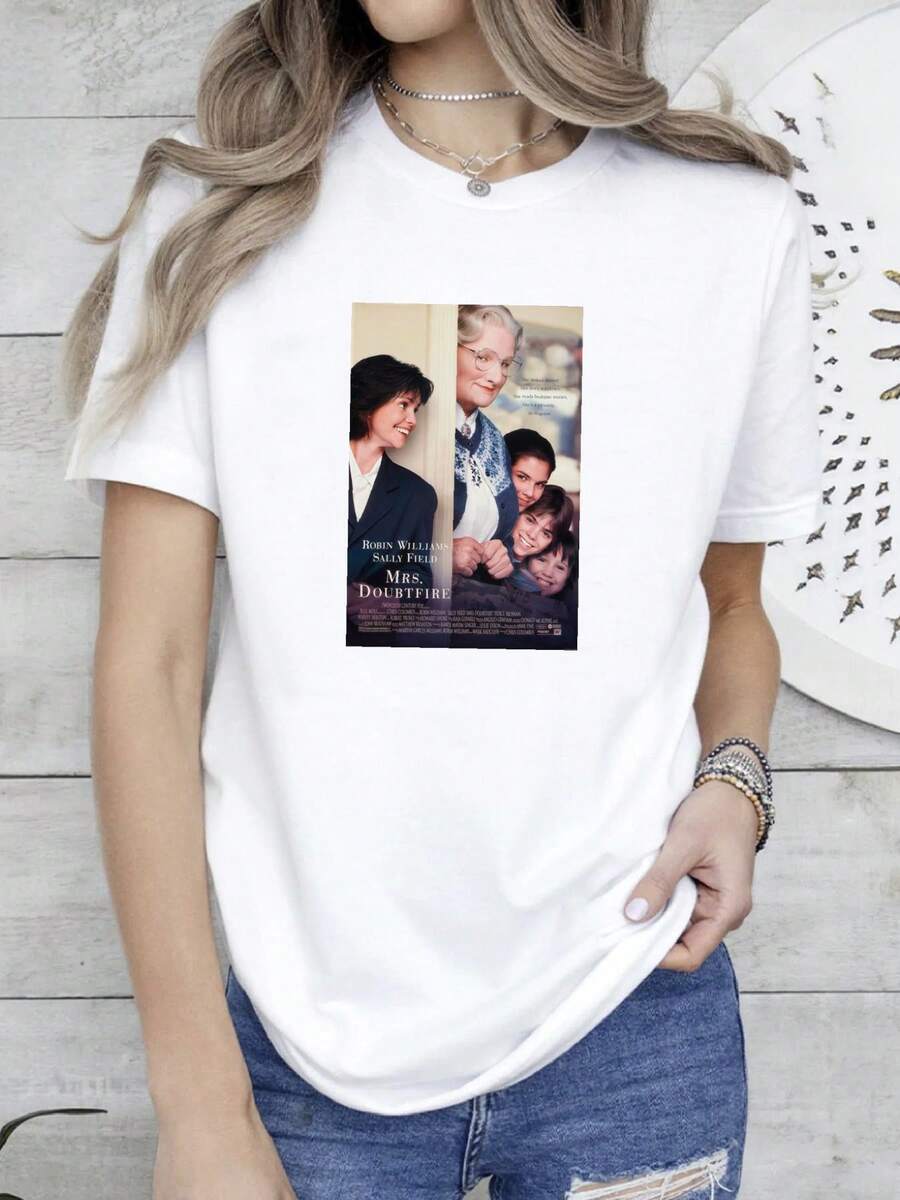 180g pure Cotton Mrs Doubtfire Movie T Shirt Robin Williams Comedy Film Comfortable Stylish Stretched T-Shirt For Women Casual Top For Everyday Wear streetwear Casual Summer female Slightly designer clothes fashion Women Top Graphic Tees Print Round Neck Short Sleeve - Blanco - Ver 1