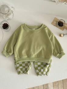 2pcs/Set Baby Boy Casual Solid Color Crew Neck Long Sleeve Sweatshirt And Checkerboard Long Pants, Spring/Autumn - Green - View 8
