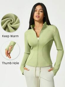 1pc Slim Fit Solid Color Stand Collar Zipper Stretchy Long Sleeve Thermal Lined Fitness Running Exercise Jacket For Women