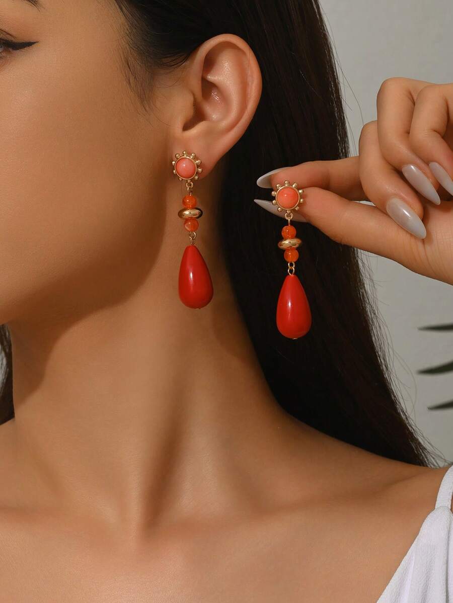 2pcs Fashionable Bohemian Style Teardrop Resin Pendant Tassel Earrings, Gold Heart, Amber, Marble, Cream Floral Pattern, Faux Jade, Gold/Silver Hooks, Elegant Earrings For Women, Suitable For Vacation, Party, Daily Wear, Specially Designed For Dopamine-Loving Sexy Ladies. The Resin Is Colored To Achieve A Jade-Like Effect, Each Piece Has Unique Color And Pattern, Mold Marks And Inlet Ports Are Normal Characteristics.