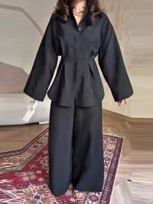 Casual Commuter Solid Color Elegant Waist Shirt & Pants Set Black Spring - Black - View 7