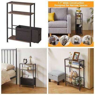 Narrow Side Table, 3 - Tier Slim End Table With Fabric Basket, Modern Sofa Table Narrow And Small Spaces, With Gold Metal Frame, White YD - TM052J
