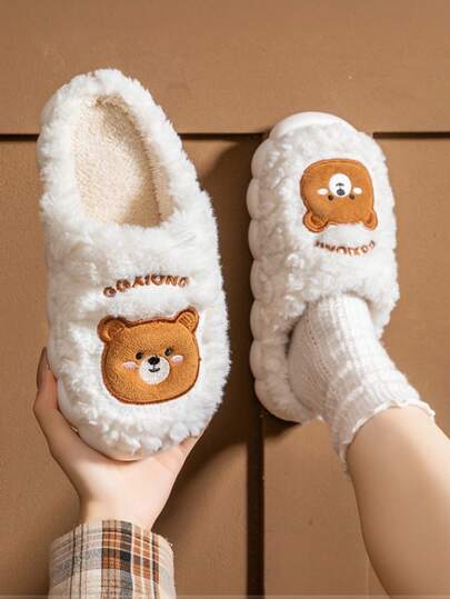 1 Paar Plüsch-Hausschuhe für Teenager-Mädchen, mit süßem Bärenkopf-Stickerei, warm und bequem für den Innenbereich