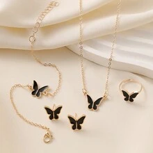 4 件套油滴蝴蝶项链耳环戒指首饰套装女士 - 金色 - 查看 7