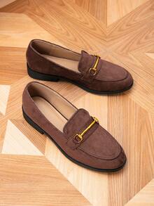 秋冬女士乐福鞋，圆头金属扣平底乐福鞋，户外舒适平底一脚蹬鞋，女士休闲鞋 - 咖啡棕 - 查看 6