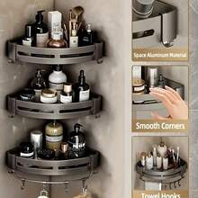 1 raft de baie, suport de duș, organizator de depozitare pentru baie fără găurire, aluminiu ușor, raft de baie autoadeziv, suport de baie montat pe perete, raft de duș în colț